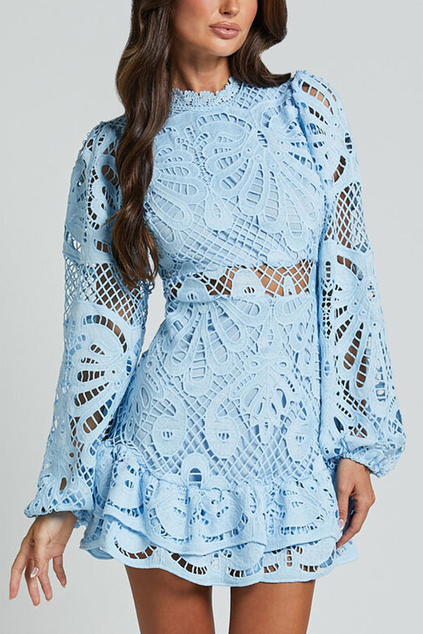 Crochet Lace Mock Neck Waist Cut Out Balloon Sleeve Mini Dress