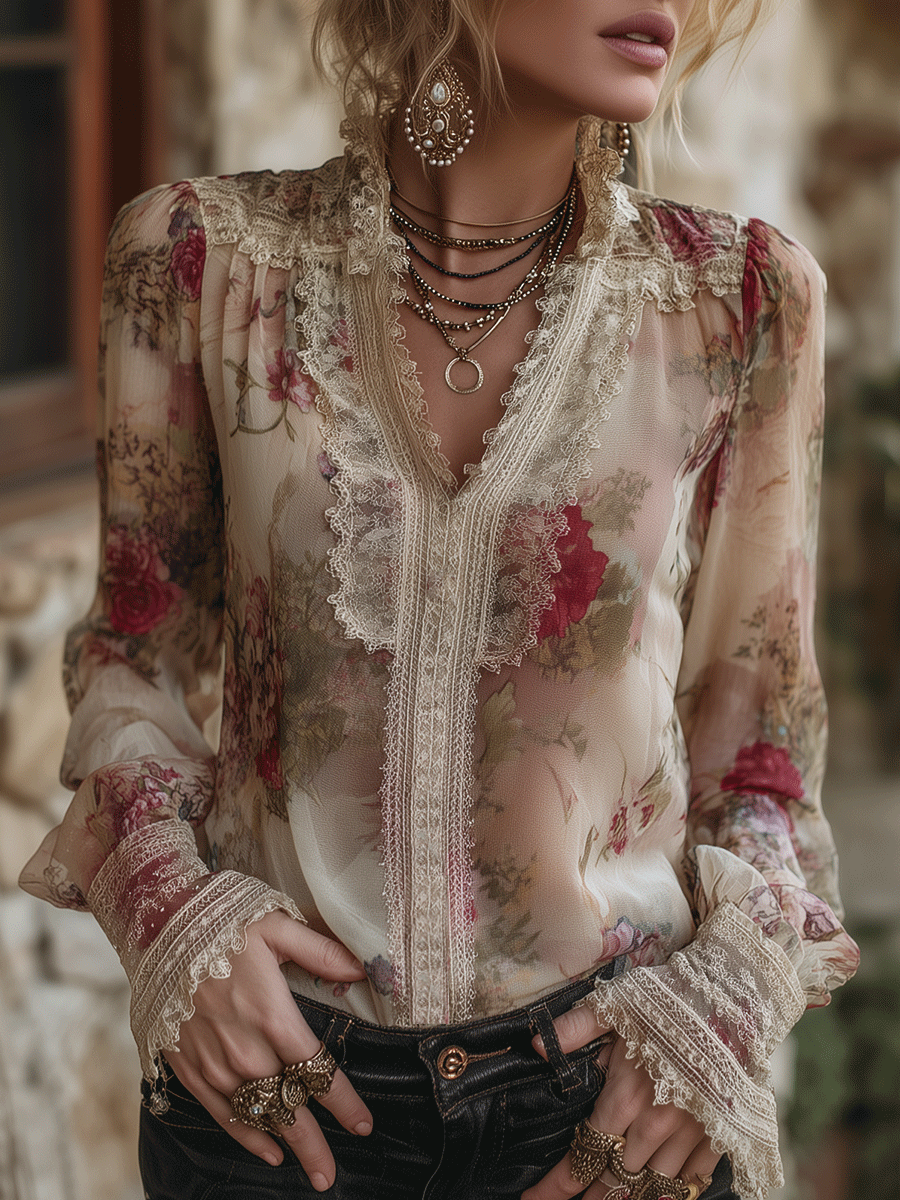 Vintage Romantic Lace-Trim Floral Chiffon Blouse