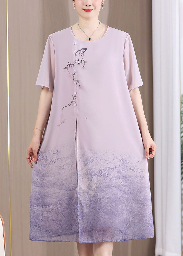 Floral Embroidery Asymmetrical Toggle Button Short Sleeve Ombre Wave Hem Midi Dress - View 2