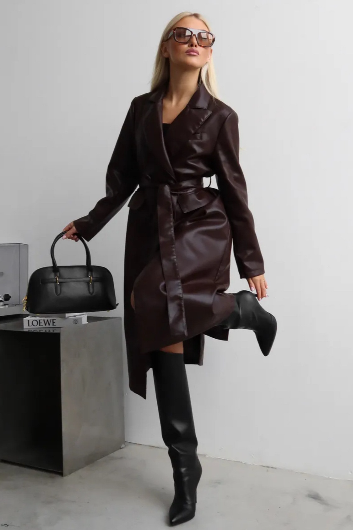 Faux Leather PU Long Chic Casual Overcoat - Fashionpara