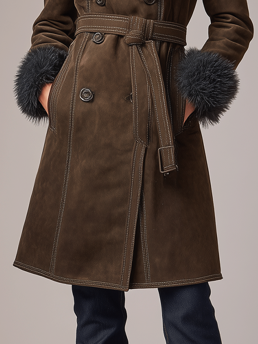 Elegant Bohemian-Style Coffee-Colored Faux Suede Warm Coat