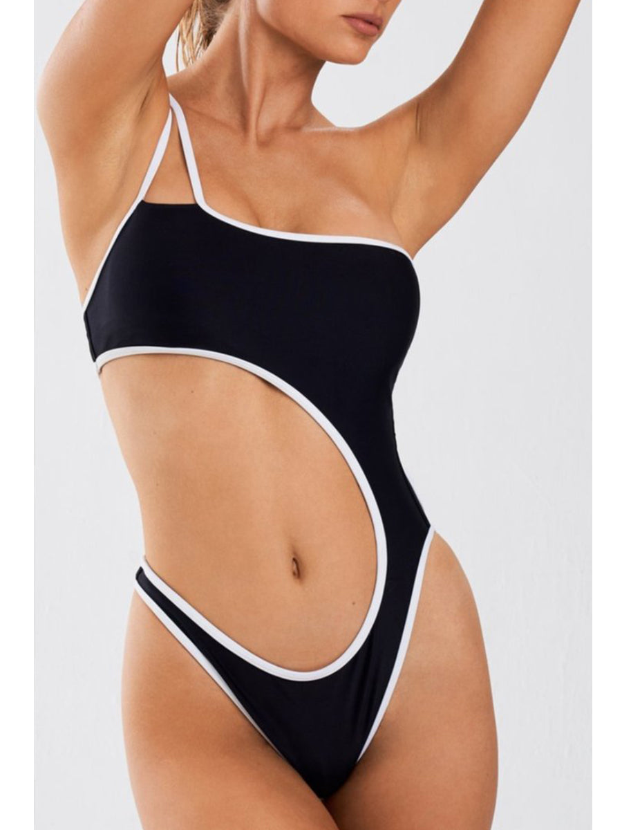 One Shoulder Cutout Patchwork Black One-piece Swimsuit - Fashionpara
