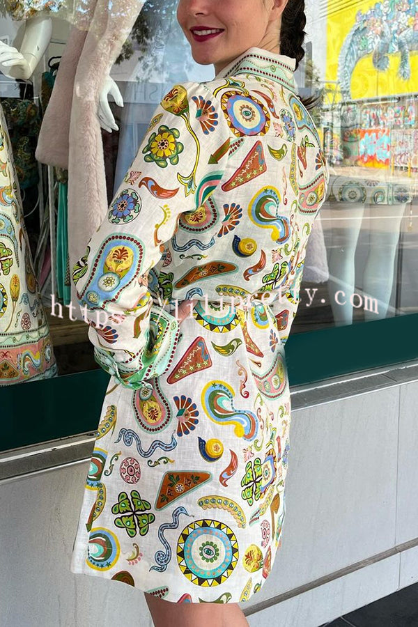 Mila Linen Blend Unique Print Shaped Collar Tie-up Waist Shirt Mini Dress - Fashionpara