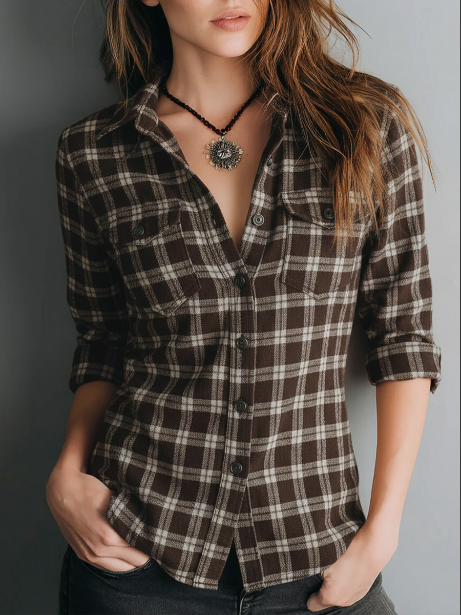 Retro Plaid Long-sleeved Blouse - Fashionpara