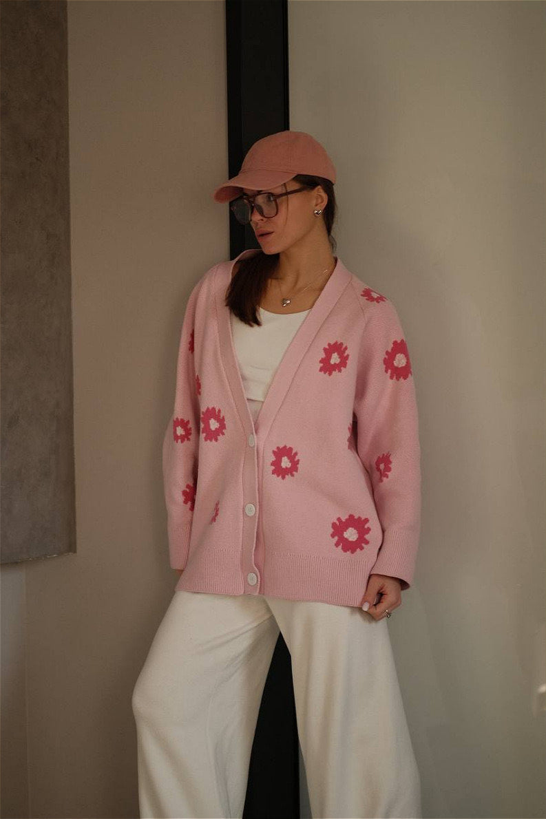 Cozy Fuzzy Daisy Jacquard V-Neck Cardigan for Effortless Style