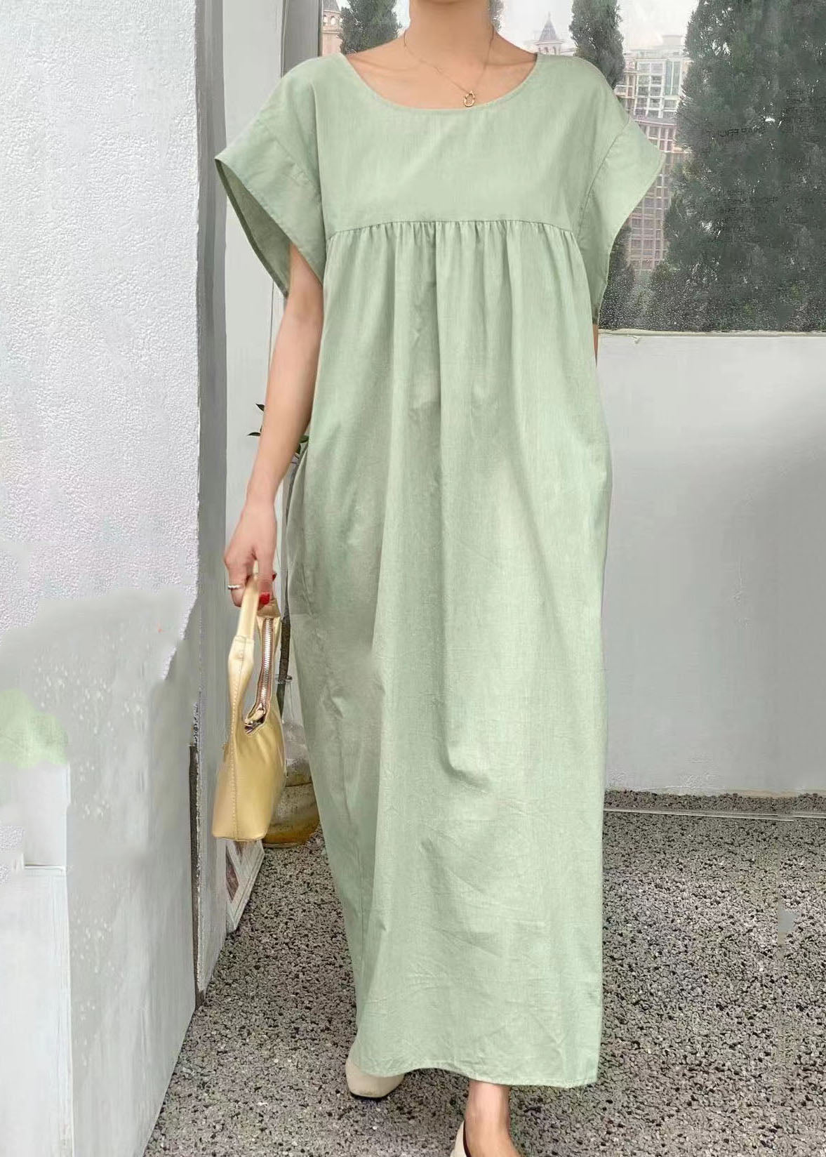 Linen Texture V-Neck Twist Front Cap Sleeve Pocket Midi Dress - View 3