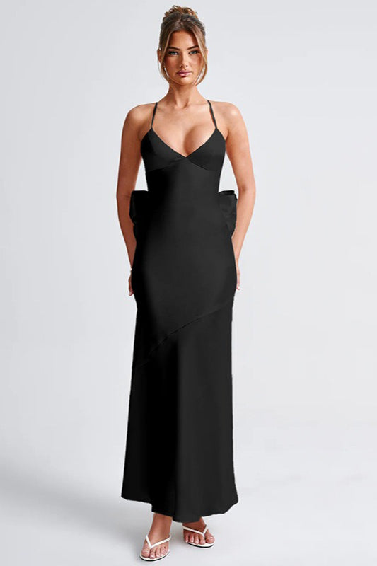 Satin Plunge Lace-Up Back Backless Slip Maxi Dress 3