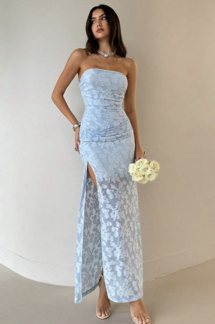 Strapless High Split Lace Dress in Blue - View 5