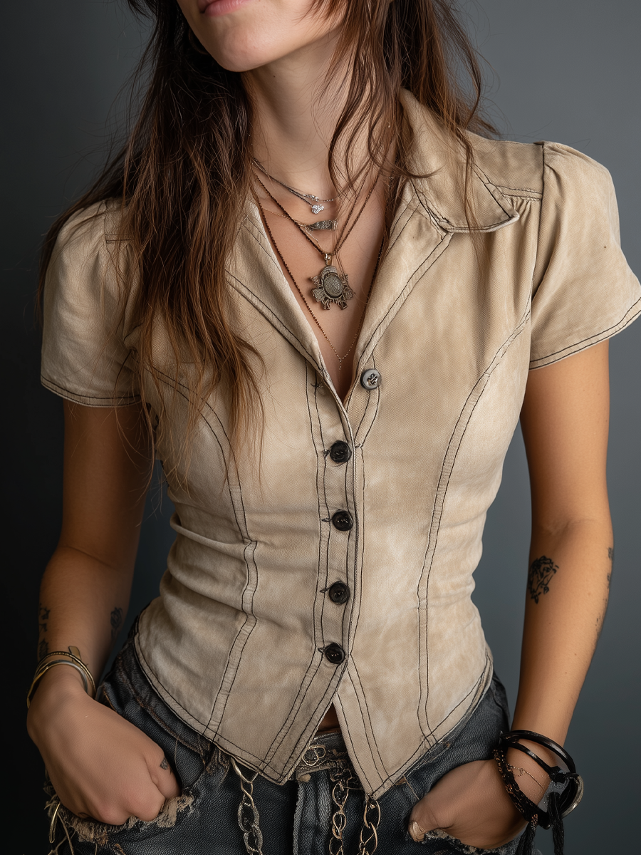 Retro Contrast Stitching Short-sleeved Suede Blouse - Fashionpara