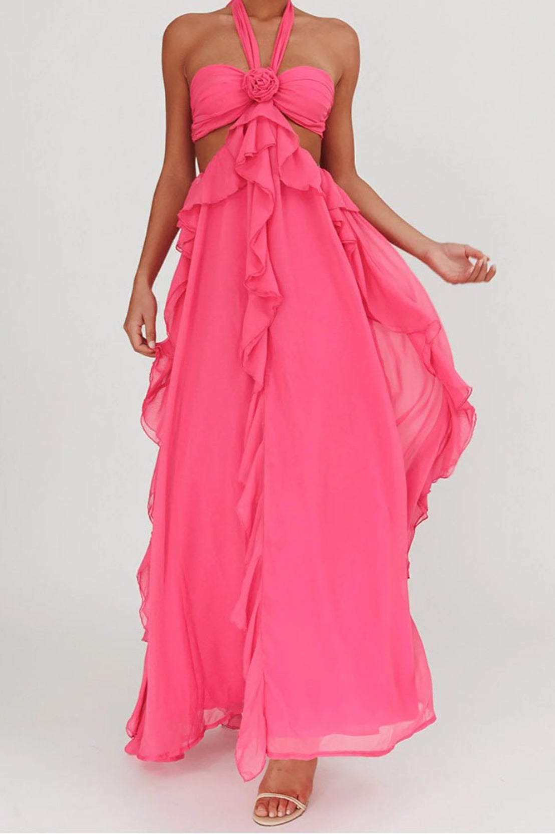 Strapless Chiffon Ruffle Rosette Cut Out High Split Maxi Dress - View 8