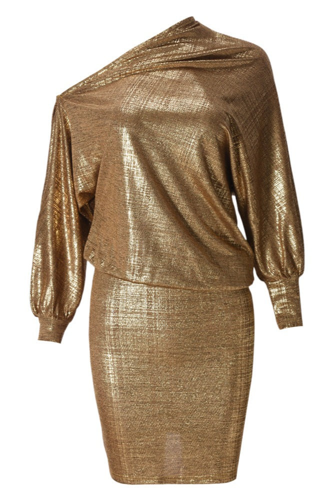 Metallic One Shoulder Long Sleeve Bodycon Mini Dress