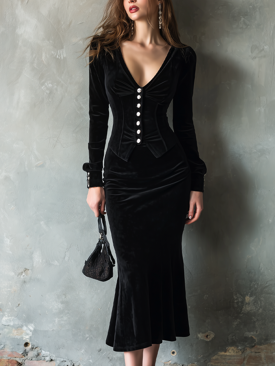 Elegant Fitted Waist Velvet Shirt And Fishtail Skirt Set - Fashionpara