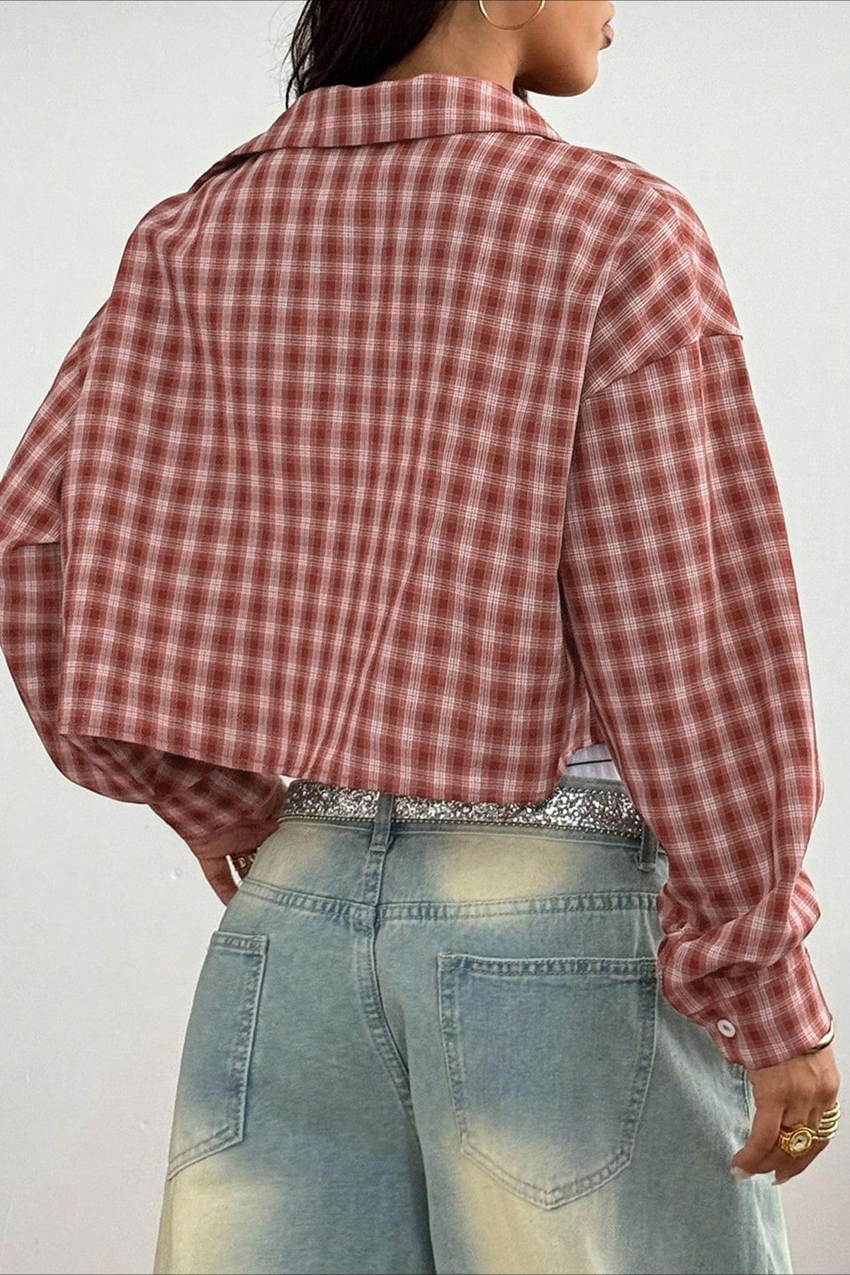 Plaid Cropped Puff Sleeve Blouse - Fashionpara