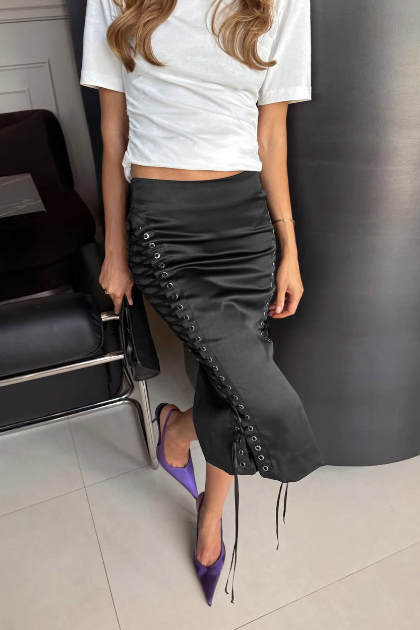 Lace-Up Satin Midi Skirt