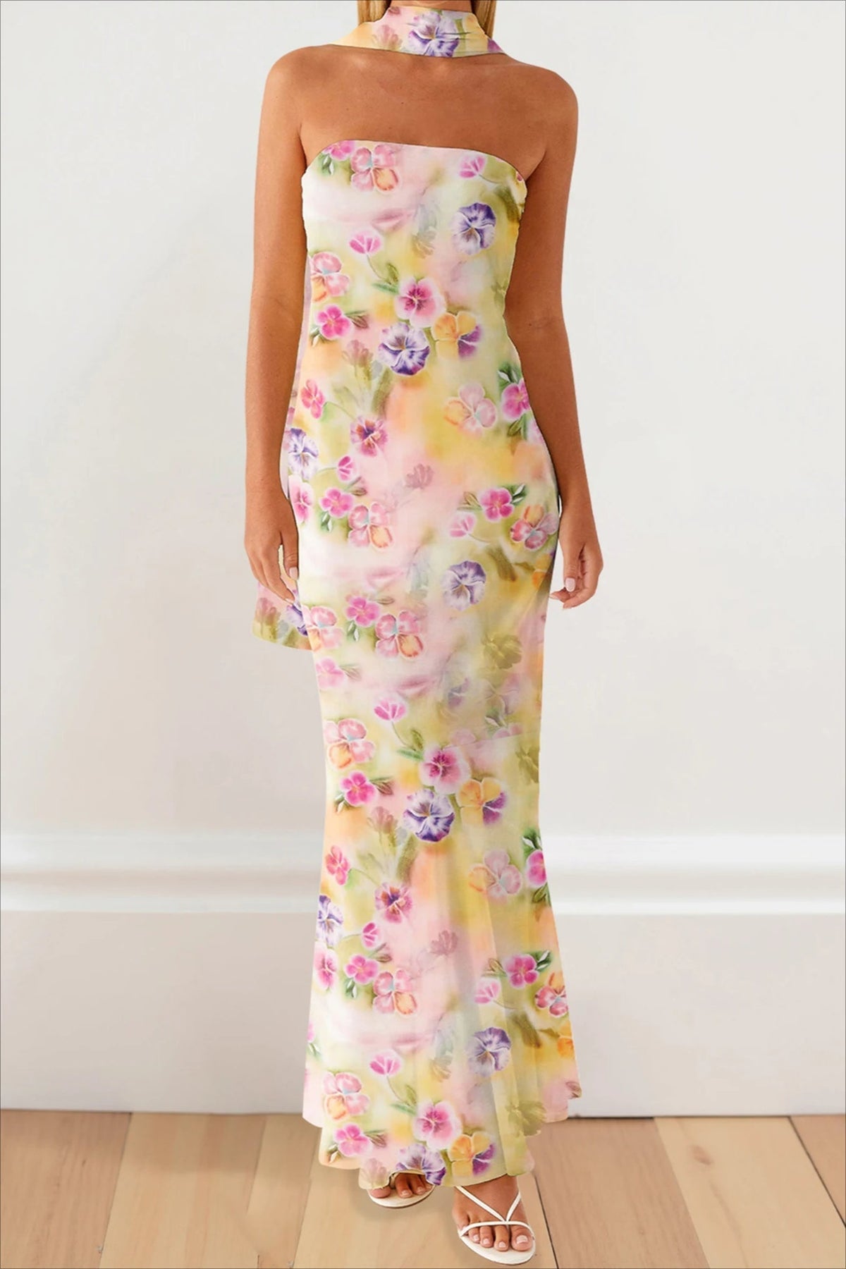 Strapless Ruffle Maxi Floral Dress