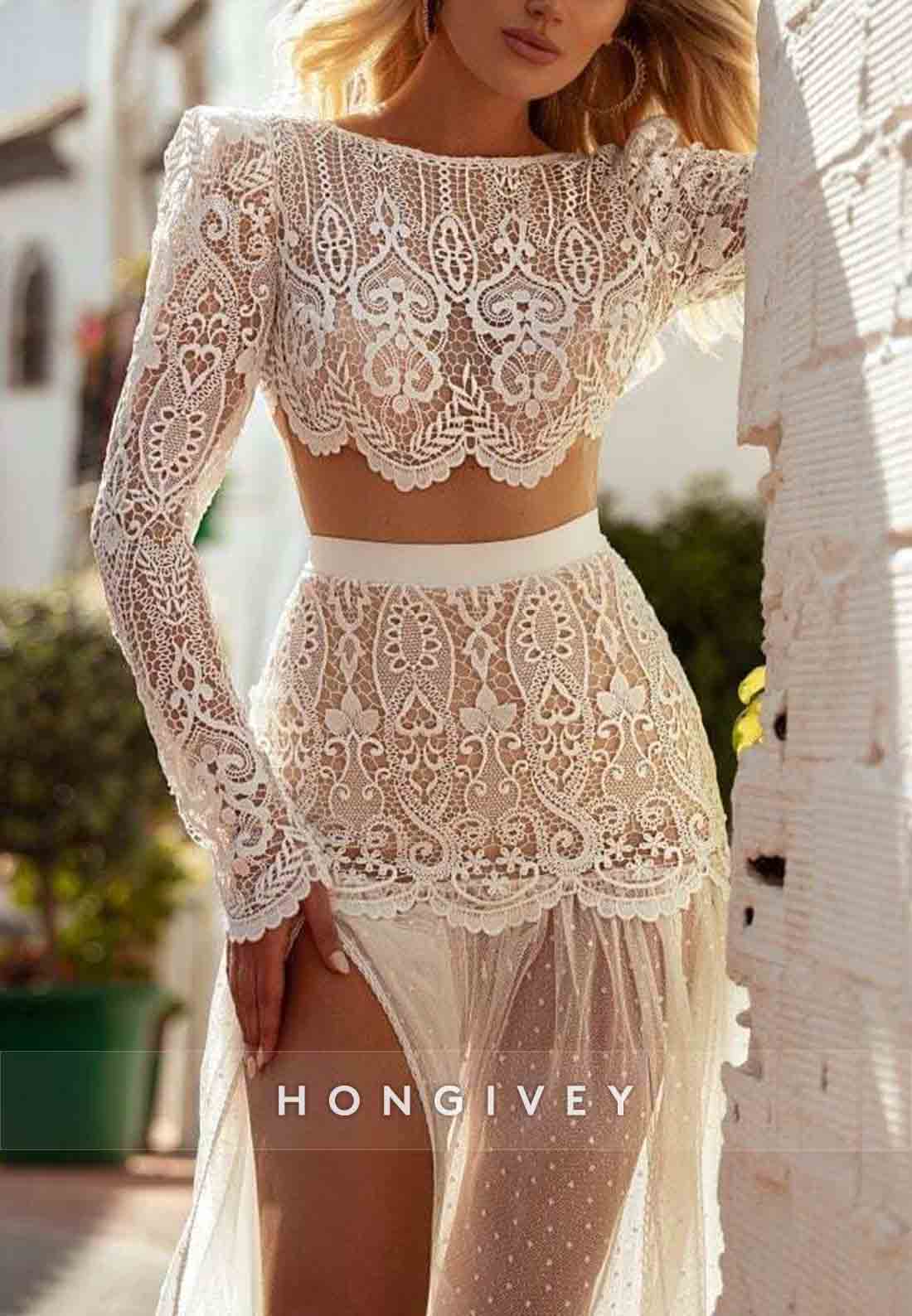 Lace High Slit Long Sleeves Floor-Length V Back Wedding Dress