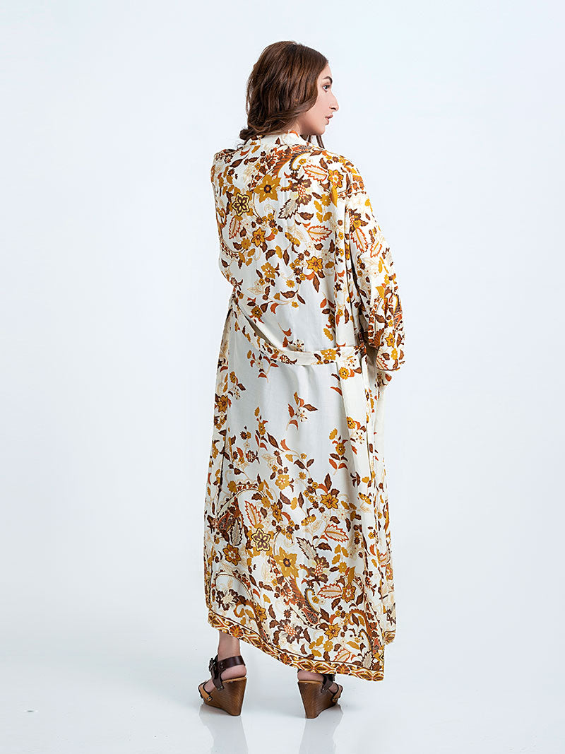 Beachwear & Partywear Floral Print Beige Color Cotton Long Length Gown Kimono Duster Robe
