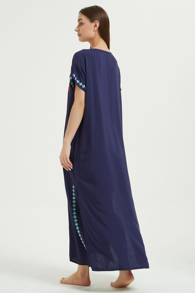 Embroidered V-Neck Short-Sleeve Kaftan Maxi Dress 11