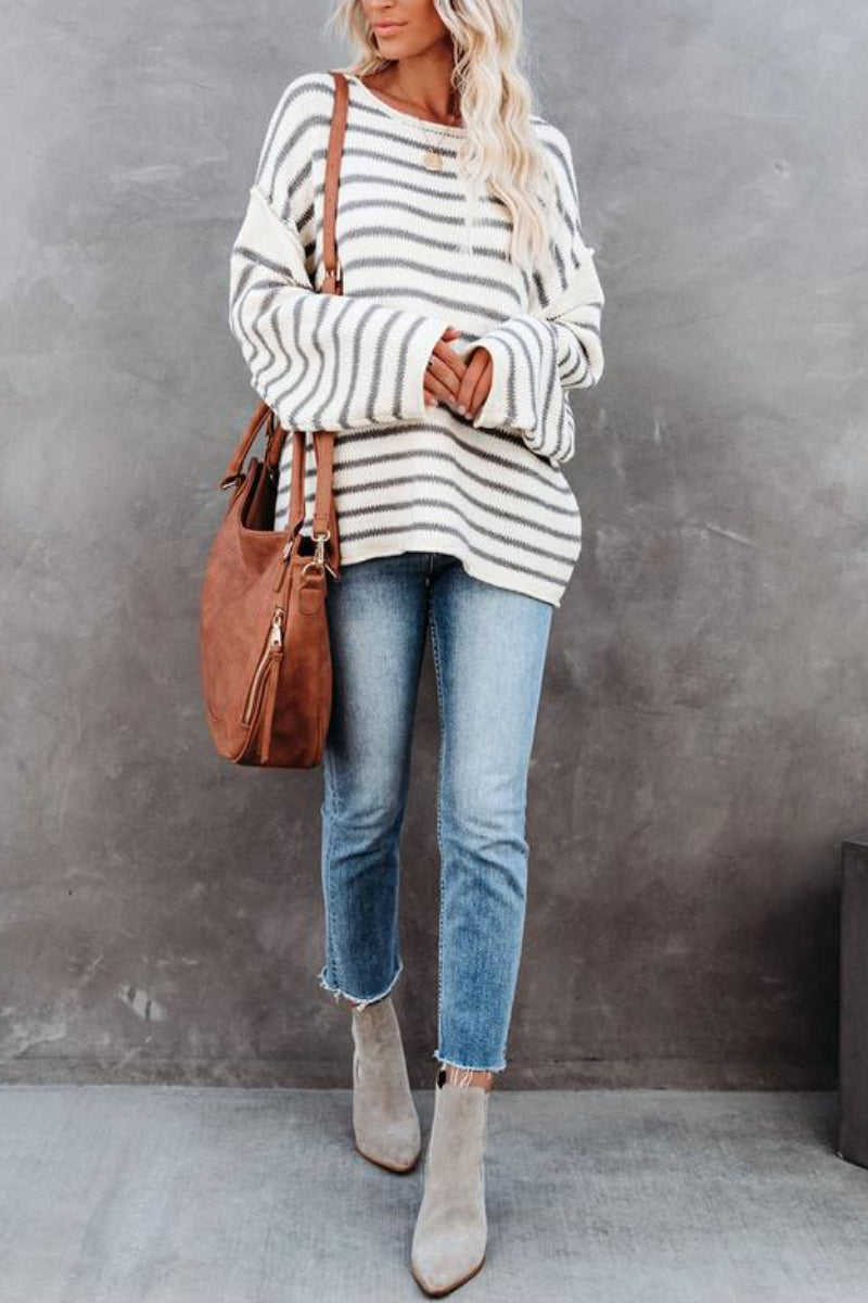 O Neck Striped Loose White Sweater  Fashionpara