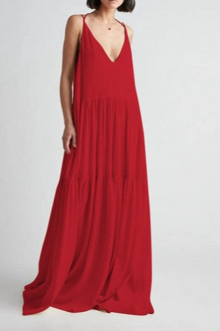 Textured V-Neck Strappy Tiered Trapeze Maxi Dress