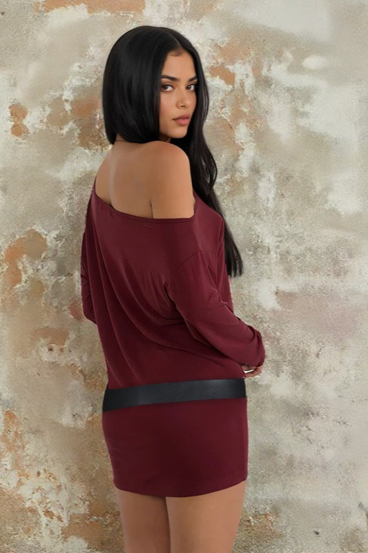 Off Shoulder Long Sleeve Belted Bodycon Mini Dress