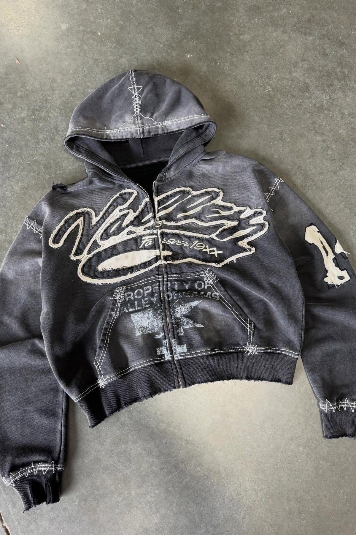 Washed Embroidered Graphic Zip Front Hoodie
