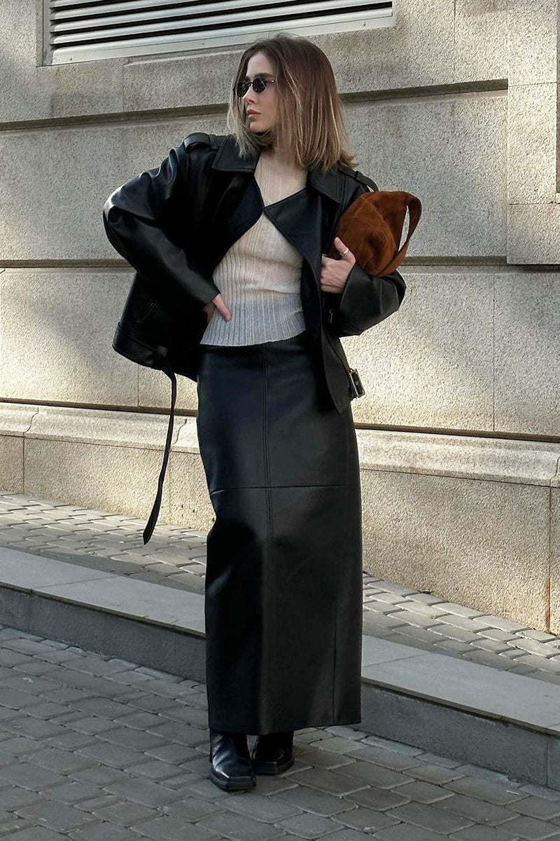 Shiny PU Leather Side Slit Pencil Skirt