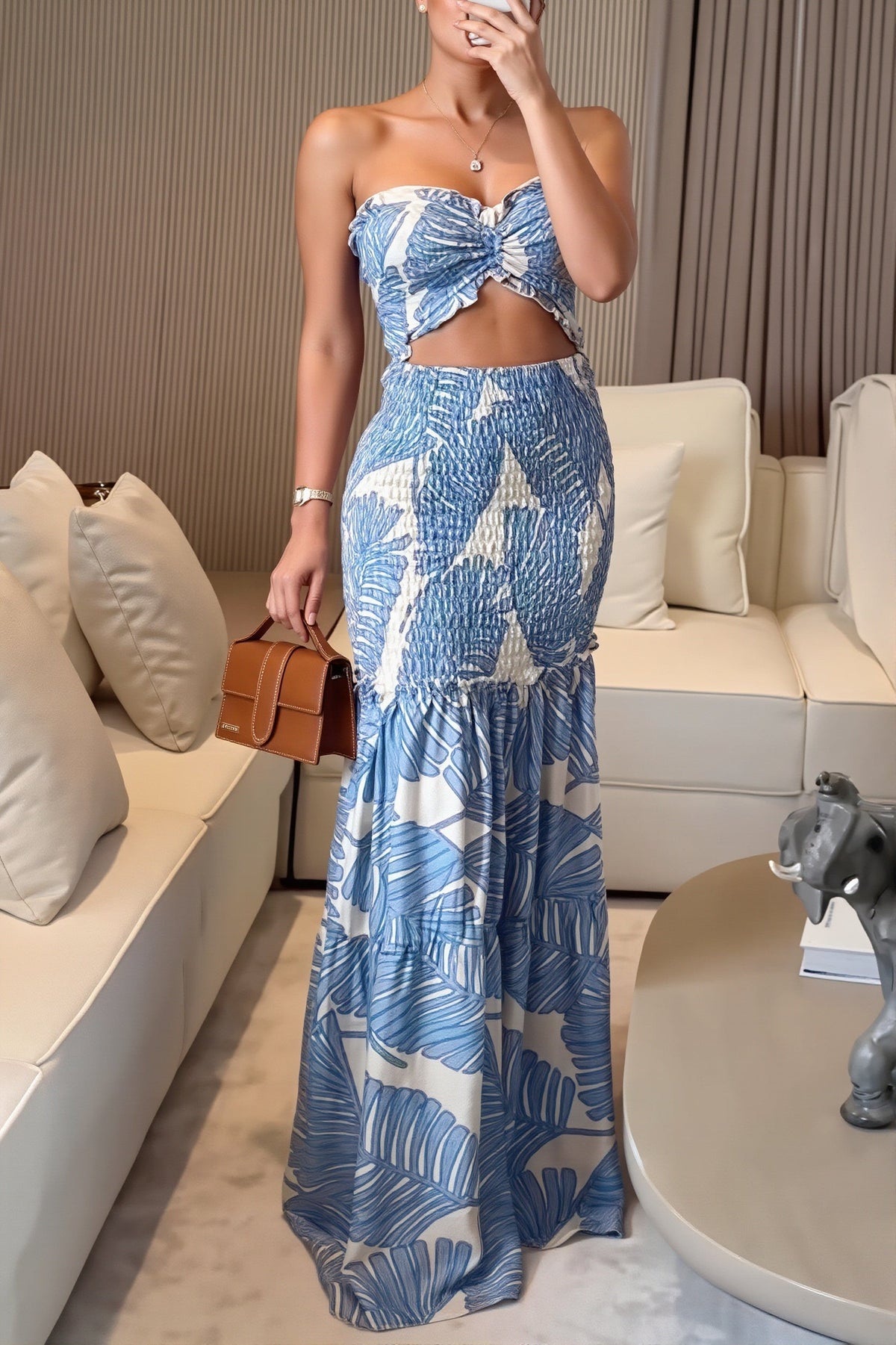 Tropical Print Bandeau Top and Maxi Skirt Set