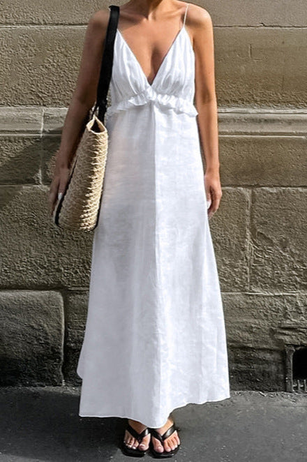 Sexy White Cotton Linen V-Neck Ruffle Loose Maxi Dress