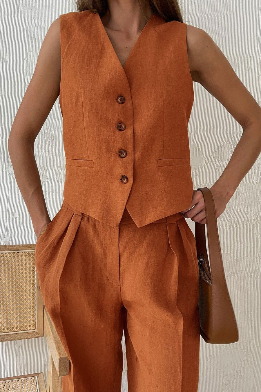 Button Vest Relaxed Low Rise Pants Set
