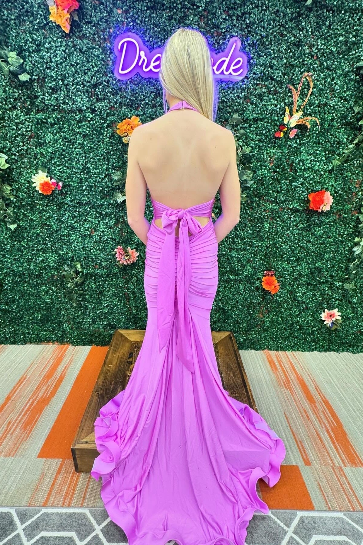 Light Blue Mermaid Halter Neck Backless Long Satin Prom Dress With Bowknot