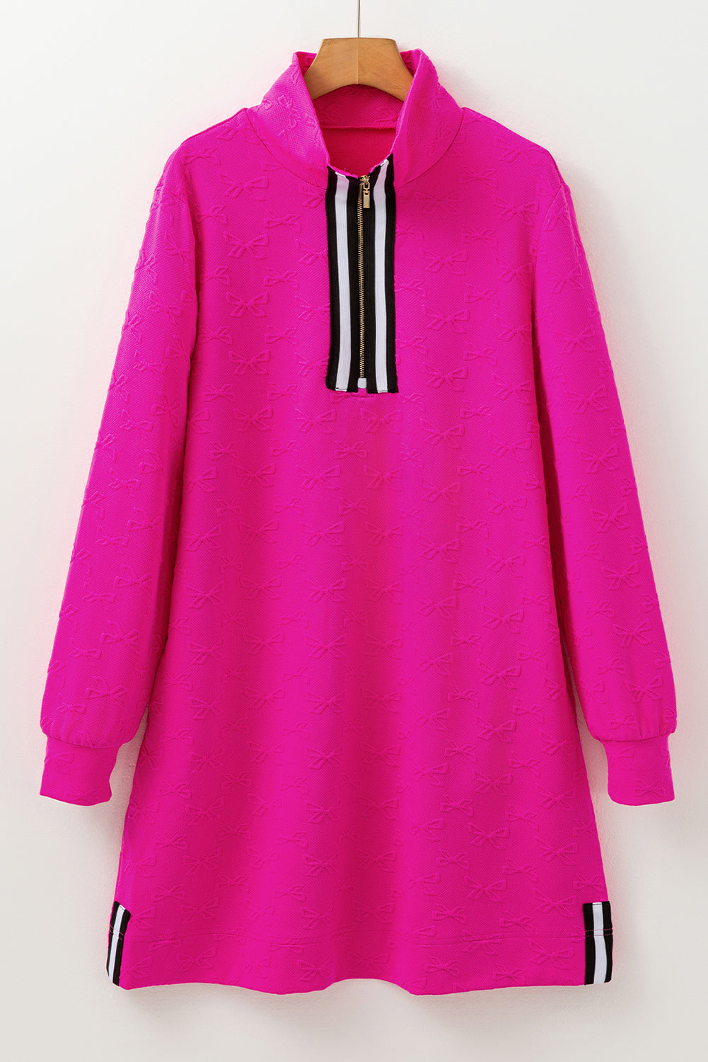 Bow Jacquard Quarter Zip Collar Striped Trim Shift Mini Dress - View 3