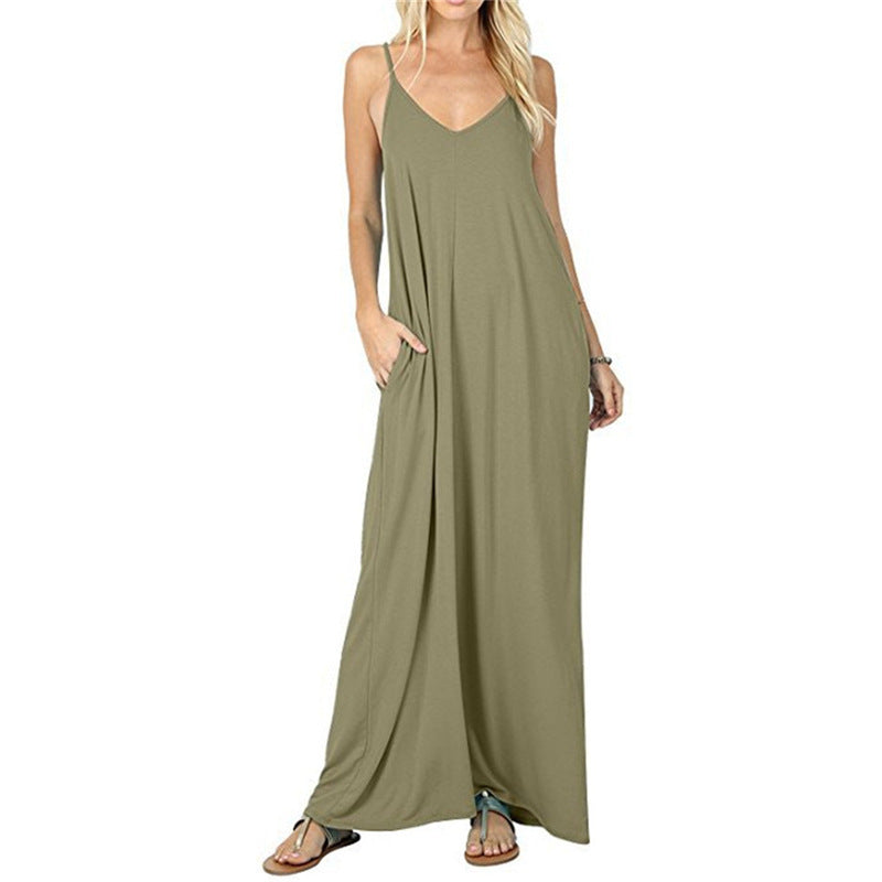 V-Neck Strappy Loose Pocket Maxi Dress