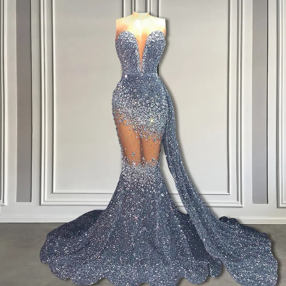 Glamorous V-Neck Sequins Prom Dresses Mermaid Sleeveless Crystal - Fashionpara