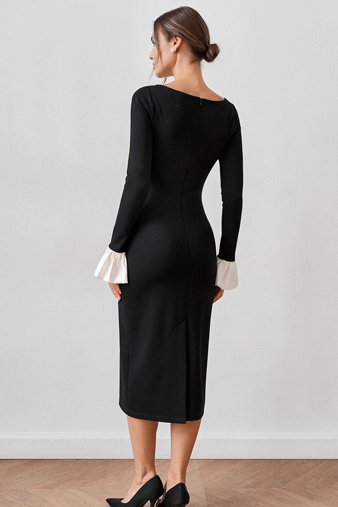 Square Neck Long Sleeve Contrast Cuff Bodycon Midi Dress 3
