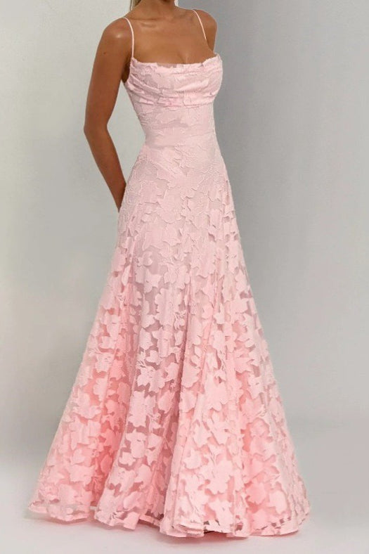 Floral Lace Scoop-Neck Spaghetti-Strap A-Line Gown