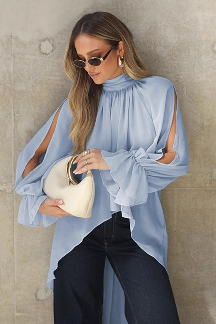Blue Chiffon Bell Sleeve Cutout Blouse