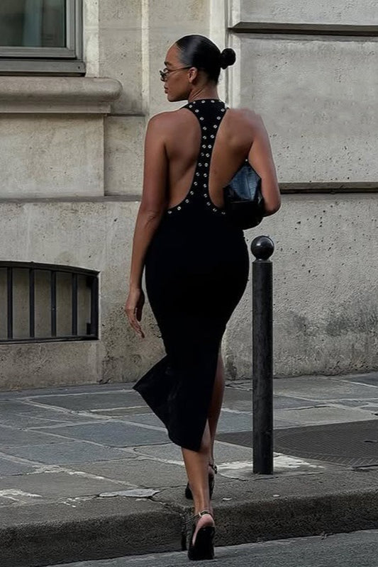 Grommet Trim Cut-Out Plunge Bodycon Dress