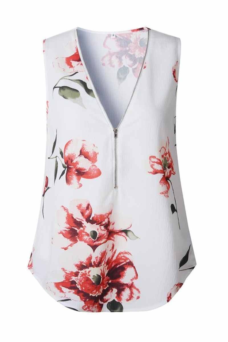 Florcoo Summer Fashion Zipper Design Floral Tank Top