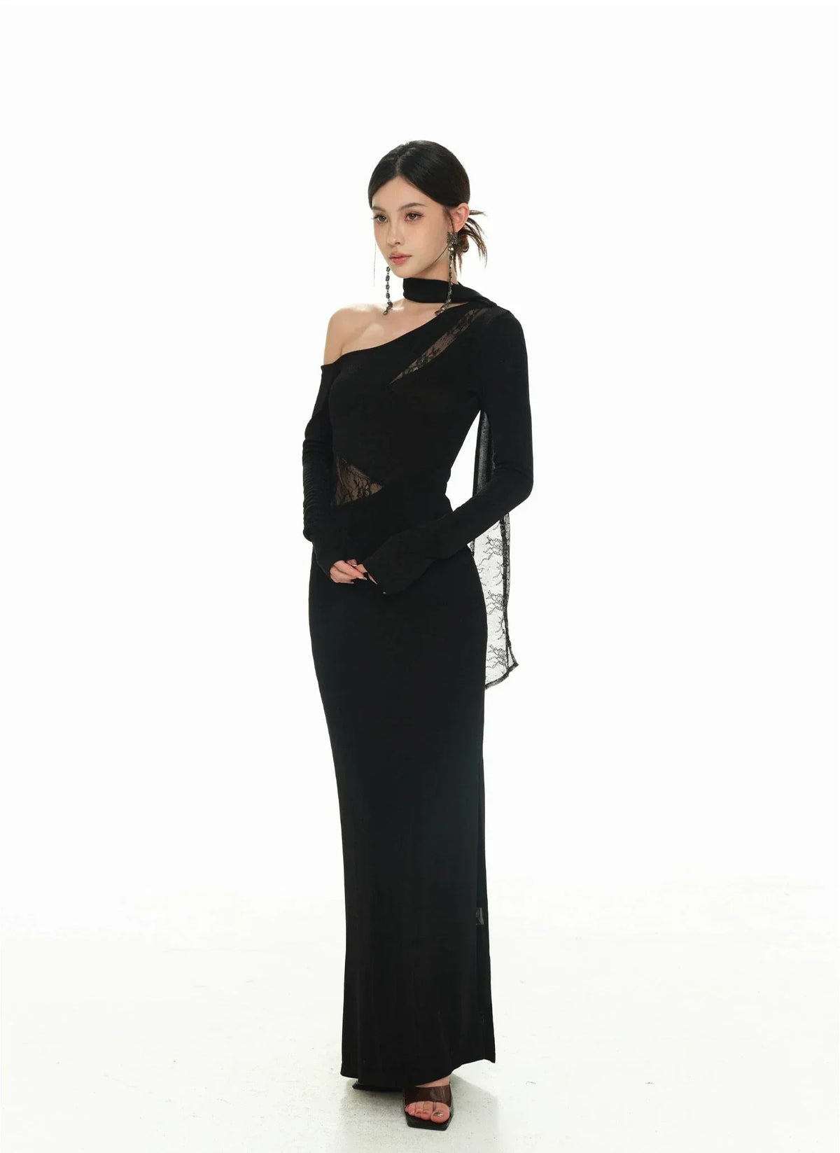 One-Shoulder Long Sleeve Lace Cut-Out Maxi Dress 7