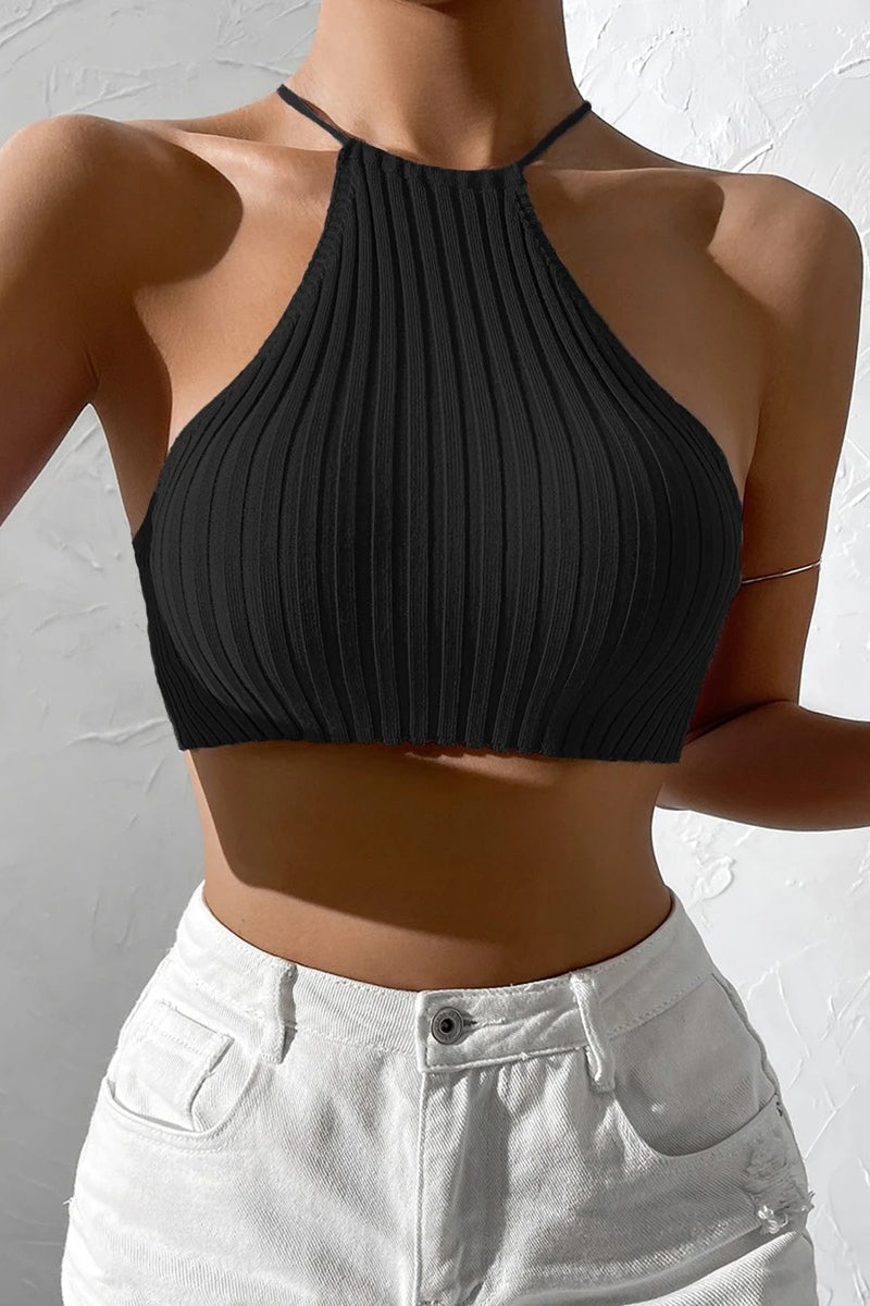 Knit Tie Backless Halter Crop Top - Fashionpara