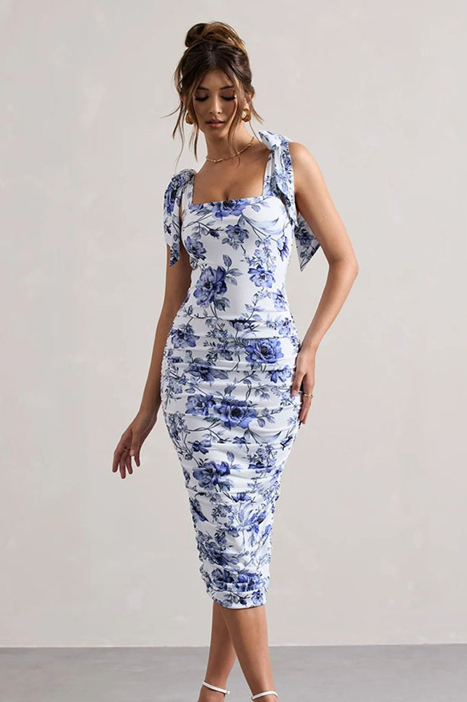 Floral Print Square Neck Tie Strap Ruched Bodycon Midi Dress