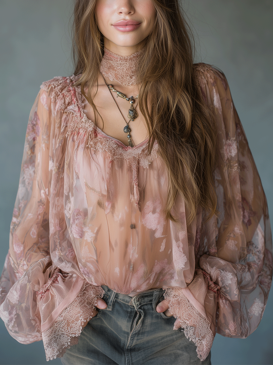 Romantic Pink Boho Sheer Floral Lace Blouse