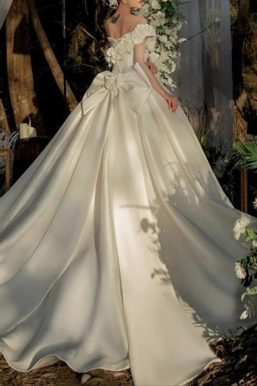 Off Shoulder Satin Train Wedding Dress