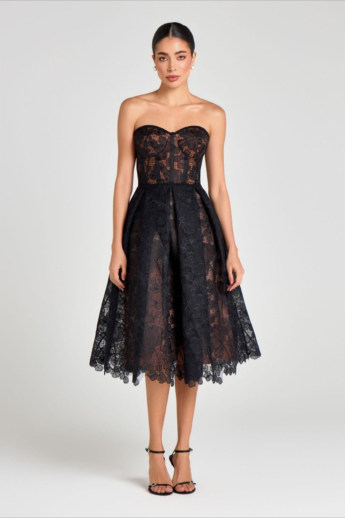 Lace Strapless Corset Sweetheart A-Line Midi Dress