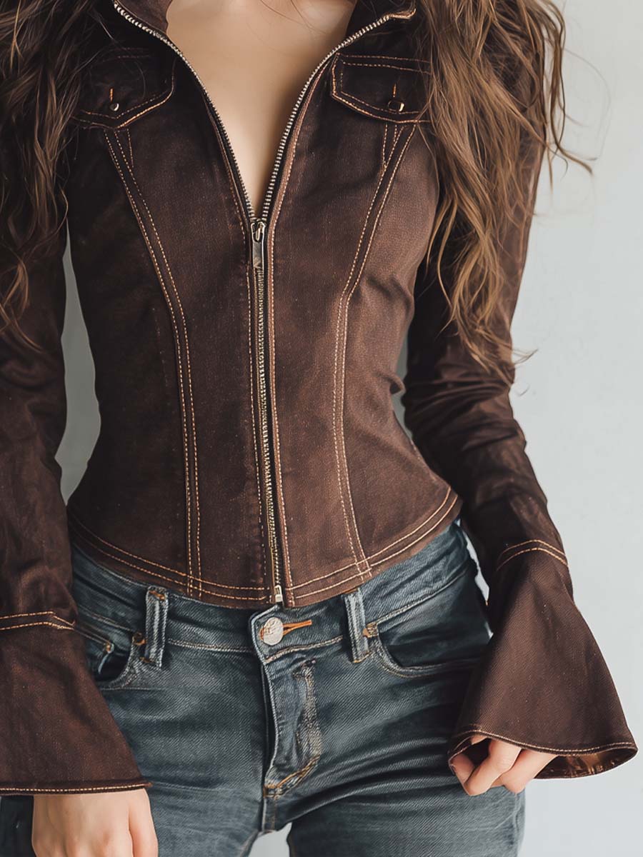 Retro Zippered Ruffled Cuff Denim Blouse