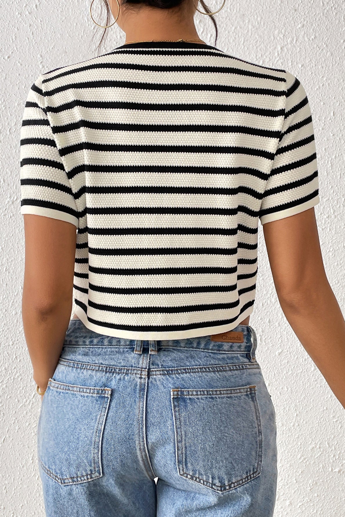 Striped Tie-Front Knit Cardigan for Chic Short Sleeves