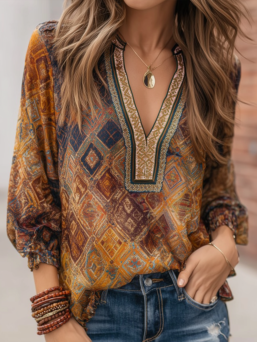Retro Colorful Diamond Long-sleeved Blouse - Fashionpara