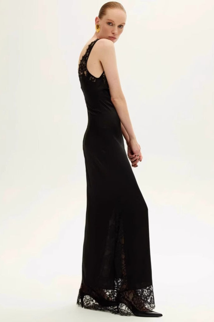 Satin Lace-Trim V-Neck Spaghetti Strap Slip Maxi Dress