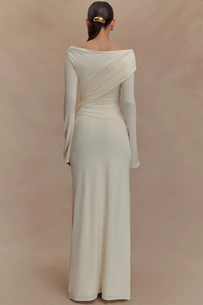 V Neck Long Sleeve Ruched High Waist Maxi Dress